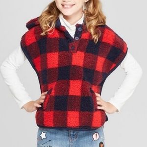 Girls Plaid Sherpa Poncho with Front Pocket